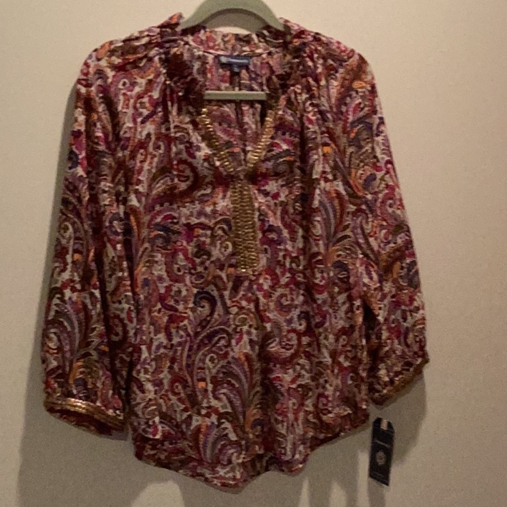 NWT Democracy multi colored Ruffled Blouse with Mandarin Collar